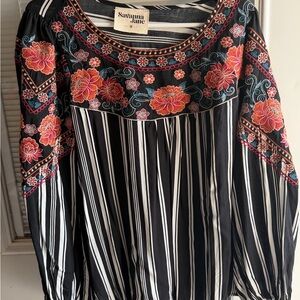 Savanna Jane Black and White Striped Floral Embroidered Blouse